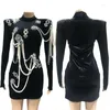 Stage Wear Black Pearls Rhinestones Dress Women Velvet Evening Birthday Celebrate Costume Catwalk Festival Outfit XS6015