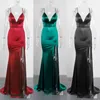 Casual klänningar sexig v hals split ben long prom satin maxi klänning backlless ruched golvlängd ärmlös sido blixtlås strechy