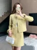 Vestidos de trabalho inverno amarelo lã duas peças conjunto feminino único breasted borlas franjas bolso tweed casaco curto mini saia terno