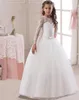 2018 Beautiful White Lace Flower Girl Dress Long Sleeve Girl039s Pageant Dresses With Bow Champagne Low Kids Wedding Gown3747119