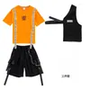 Bühnenkleidung Hip-Hop-Tanzkostüme für Kinder Orange T-Shirts Schwarze Weste Shorts Anzug Streetwear Jungen Mädchen Jazz Performance Kleidung DQS13200