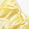 Casual Dresses 2024 Retro French Style Yellow Ruched Bow Chest Corset Midi Tank Dress Sexy Women Cross Lacing Up Back Slit Sling Robe