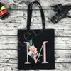 Shopping Bags 26 Letters Pink Flower Printing Women Travel Tote Bag Cute Canvas Large Capacity Portable Shoulder Handbag