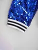 Kids Girls Sparkly Sequins Baseball Coat Long Sleeve Front Zip Up Striped Trim Outerwear Dancing Party Bomber Jackets 240123