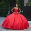 Błyszczące czerwone sukienki Quinceanera Sweetheart 2024 Zastosowane koraliki Crystal Sweet 16 Suknie balowe sukienki 15 vestido xv anos