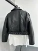 ラーフレディースは、格下げされたジッパーとヴィンテージラペルEジャケットを添えたベルトショートコート付きのレザージャケット240131