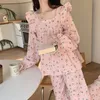 Square Collar Long Sleeve Women 2 Piece Outfit Set Soft Pajama Suit Sweet Printing Strawberrie Princess Home Wear 240201