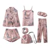 Pyjamas Womens 7 Pieces Pjs Pink Pajamas Sets Sleepwear Satin Silk Strap Lingerie Homewear Loungewear Pijamas Set For Woman 240202