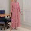 Casual Dresses 2024 Women's Ramadan Abaya Turkey Women O-neck Lace Long-Sleeved Waist Loose Long Skirt Bridesmaid Moroccan Clothing