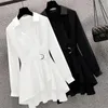 Kadın bluzları moda bel kemeri uzun gömlek kadın giyim bahar yaz sonbahar büyük boyutu zarif siyah beyaz bluz 2024 kadın üstleri