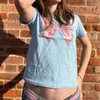 女性用Tシャツ甘いかわいいプルオーバーティー2000年代レトロフェアリーコテージTシャツY2K美的弓印刷クロップトップ
