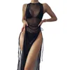 Dames Badmode 3 stks/set Vrouwen Bikini Cover Up Set Driepunts Kant Gewatteerd Strand Doorzichtige Mesh Mouwloze Lange Jurk