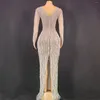 Stage Wear Sexy Silver Rhinestone Pearl Fringe Long Brown Dress Birthday Celebrate Transparent Outfit Women Dancer Nightclub