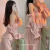 Vêtements de nuit pour femmes style princesse satin toppants 2pcs pantalon costume volants hors épaule pyjamas ensemble femmes vêtements de nuit amples pyjamas