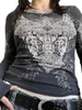 Kvinnor S Vintage Long Sleeve Tops V Neck Sword Wings Print Slim Fit Tshirts Grunge 240129