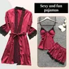 Kvinnors sömnkläder 4st Pajamas Set Silk Women Nightdress Lace Dress Robe Sleep Nightwear Solid Color Pijama uppsättningar