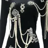 Stage Wear Black Pearls Rhinestones Dress Women Velvet Evening Birthday Celebrate Costume Catwalk Festival Outfit XS6015