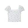 Kvinnors T-skjortor Summer Square Neck Kort ärm Fragmenterad Puff T-shirt Lace Panel Top For Women