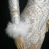 Stage Wear Lady Anniversaire Fête Blanc Plume Manches Dentelle Motif Imprimé Skinny Combinaison Serré Justaucorps Bar Club Chanteur Danseur Costum