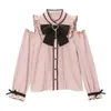 Harajuku Kawaii Lolita Blouse Surdimensionné Printemps Femmes Dentelle Arc À Manches Longues Rose Chemises Formelles Girly Vintage Japonais Tops Blusas 240202