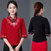 Etniska kläder traditionella kinesiska kvinnor toppar mode bomull broderi hanfu qipao skjorta kvinnlig smal stil stativ krage blus