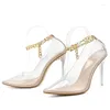 Сандалии, роскошные дизайнерские женские прозрачные туфли на высоком каблуке с золотой цепочкой, летние туфли, сексуальные туфли на шпильке с острым носком, модные вечерние туфли-лодочки