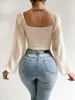 Sexig Vneck Women T Shirt Casual DrawString Crop Tops Tee Ladies Bluas Summer Short Tshirt Woman Clothes Long Sleeve T Shirt 240124