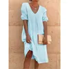 Party Dresses 2024 Fashion Elegant Dress Minimalism Summer V-neck Loose Cotton And Linen Comfortable Commuting Pretty For Women