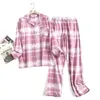 Katoen Flanel Broek Pyjama Pak voor Thuiskleding Eenvoudig Gedrukt Losse Herfst en Winter Lange Mouw Broek Pyjama Dames Sets 240202