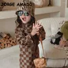 Giyim Setleri Retro Stil Bahar Sonbahar Çocuk Kız Uzun Kollu Dönüş Yaka Kahve Ekose Ceket Etek Çocuk Moda Takımları H4124