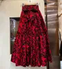 Kjolar våren och sommaren ren bomull tryckt röd fjäril enkelbröst lång kjol med bälte