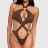 ARXIPA Sexy Bikinis One Piece Swimsuit for Women High Cut Bathing Suit Padded Push Up Beachwear Thong Solid Cross Bandage Ring Hollow Out Halter Monokini