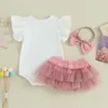 Kläderuppsättningar 2024-12-18 LioRaitiin Toddler Baby Girls Summer Clothes Sweet One Print ärmlös Ruffle Rompers Tulle kjol