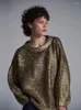 Suéteres femininos moda o pescoço ouro prata espumante camisola para mulher solta manga longa acolchoado ruched túnica emendada 2024 outono quente