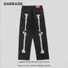 Retro skalle handben broderi tvättade mens jeans byxor vibe stil rak casual överdimensionerad denin byxor streetwear 240127