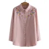 4XL Plus Size Shirts Women Spring Chest Embroidery Flower Tops Loose Long Sleeve Cotton Blouses Curve Clothes 240201