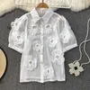 Women's Blouses Sweet 3D Flowers Shirts For Women Turn-down Collar Lapel Single Short Puff Sleeve Folds Loose Blouse Autumn Tops Drop