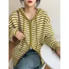 Kvinnors stickor Autumn College Style Stripe Hooded Tröja Coat Kontrast Färg blixtlåsfickor Löst lat långärmad stickad kofta