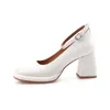 Sapatos de vestido branco couro envernizado uma linha com sapatos Mary Jane ~ primavera nova boca rasa fivela grossa salto alto sapatos únicos pequena estatura