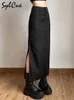 SYLCUE Simple Black Split Sexig Slim Cervatile Light Cool Thin Summer Womens Mature Feminine Charm Street Kjol Long 240201