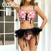 Bras Sets Diccvicc Feather Garter Lingerie Fancy Women's Underwear With Chain Embroidery Lace Bra Thong Set Sexy Intimate Erotic Costume