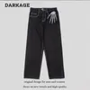 Retro skalle handben broderi tvättade mens jeans byxor vibe stil rak casual överdimensionerad denin byxor streetwear 240127