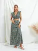 Tanques femininos Mulheres 2 peças Maxi Saia Set Y2K Verão Boho Gypsy Floral Imprimir V Neck Crop Tops e Beach Swing Longo