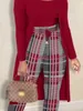 LW Women Autumn Winter Casual Plus Size Cami Pattern Plaid Print DrawString Långärmad Skinny Wine Red Three Piece Pants Set 240202