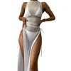 Dames Badmode 3 stks/set Vrouwen Bikini Cover Up Set Driepunts Kant Gewatteerd Strand Doorzichtige Mesh Mouwloze Lange Jurk