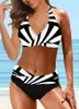 Kvinnors badkläder Summer High Elastic Bikini Set Solid Color Line Print Two Piece Sexig Vacation Beach Swimsuit S-5XL