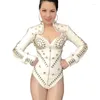 Stage Wear Black White Leather Rivet Bodysuit Short Coat Dance Outfits Bar Nightclub Women Singer Dancer Modern Performance Costumes