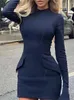 Casual Dresses Dark Blue Women Pockets Mini Dress Elegant Stand Collar Flare Long Sleeve BodyCon 2024 Kvinnlig solid chic pendling Robe