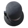 Berets preto lã feltro cloche balde chapéu em forma de sino para mulheres nó de flor