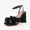 Сандалии, модная распродажа, летние однотонные элегантные классические женские туфли на высоком массивном каблуке с открытым носком, большого размера, с узлом-бабочкой